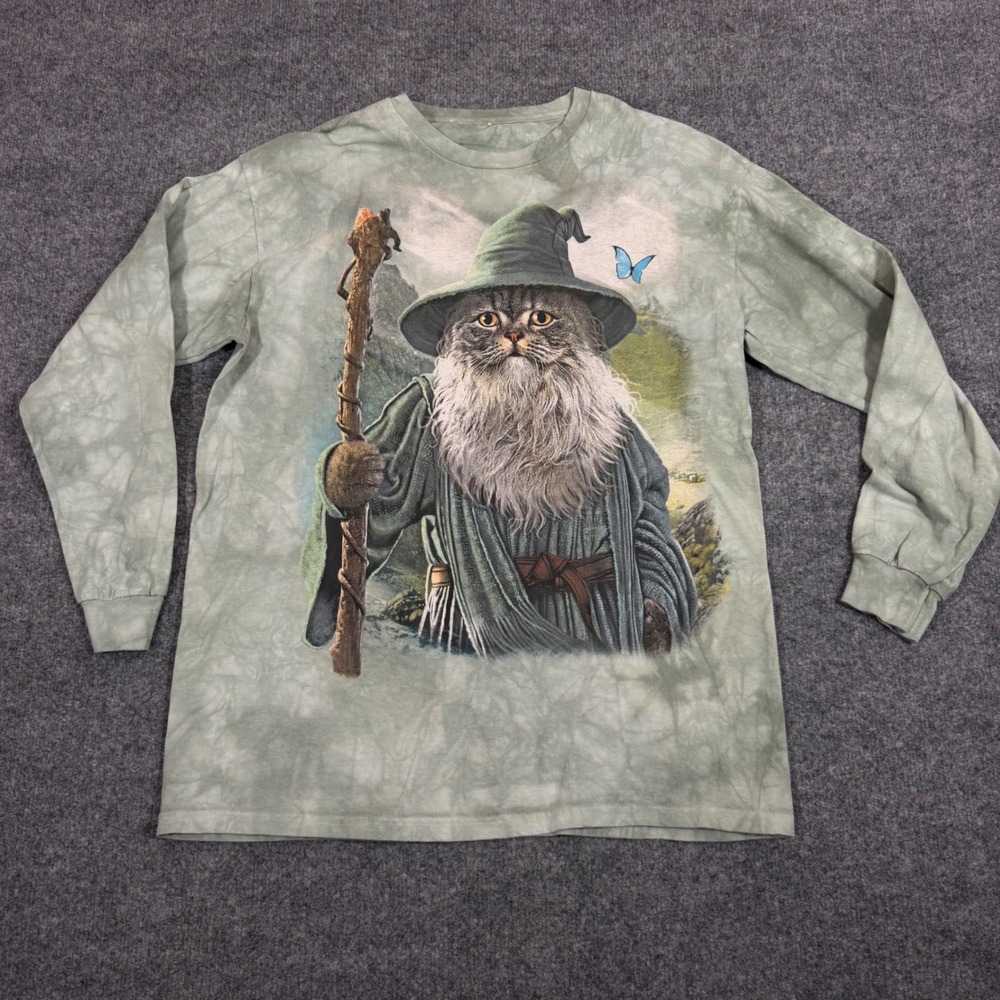 The Mountain Wizard Cat Graphic Long Sleeve Tee Mens Large Green Cotton EUC